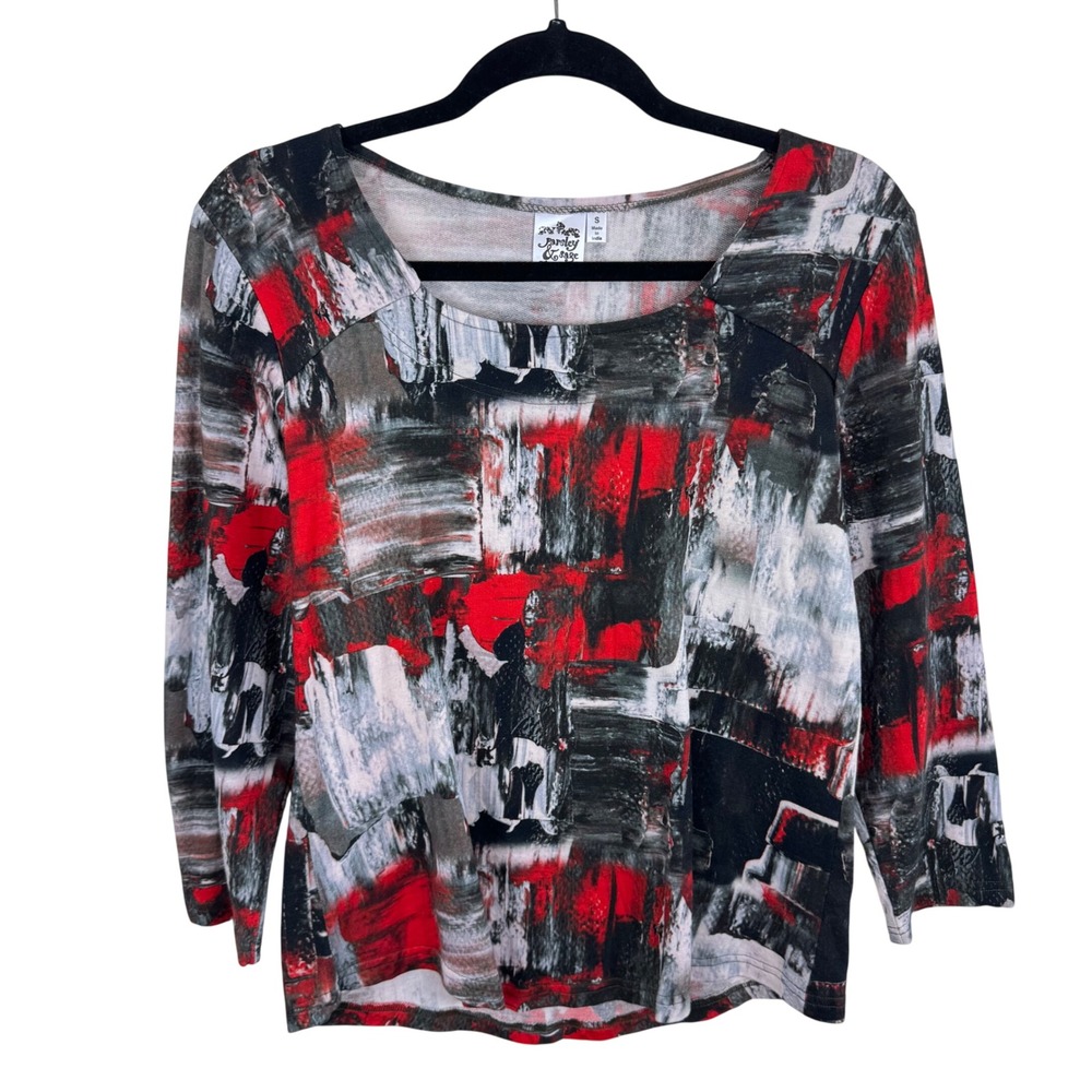Parsley & Sage Womens Red Black White Abstract Brushstroke 3/4 Sleeve Top Small